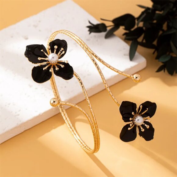 3/$35 Black & Gold Flower Arm Cuff Bracelet Pearl Upper Armband Bohemian Jewelry - Picture 5 of 6